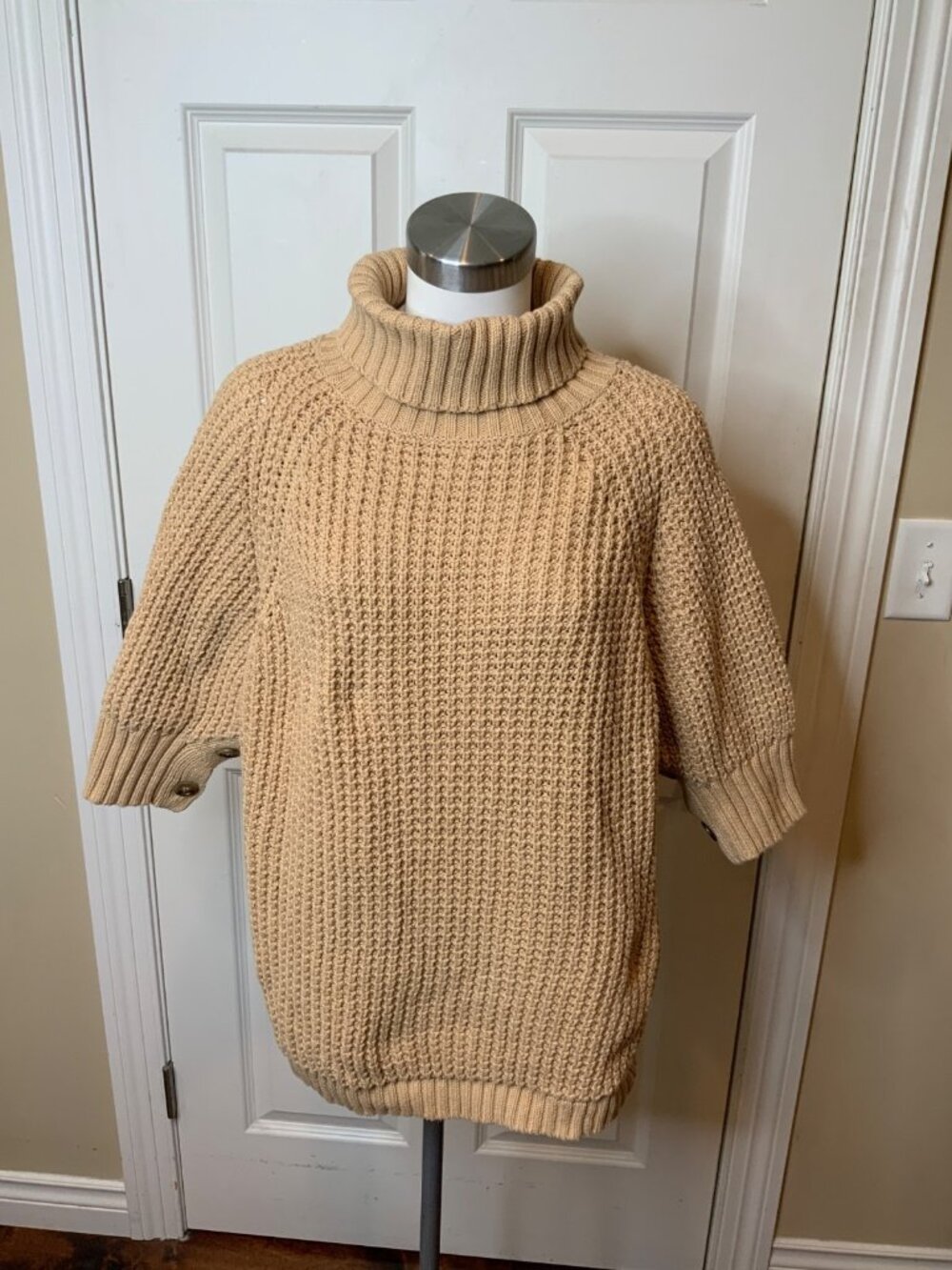 J Crew Beige Chunky Knit Turtleneck Sweater W/ Button Sleeves, Size XL